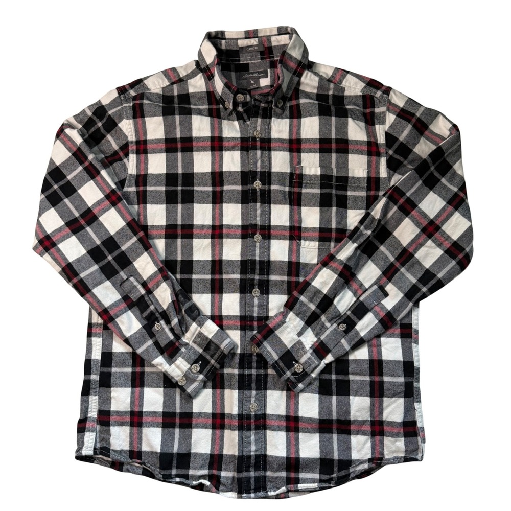 Eddie Bauer Mens Classic Fit Plaid Flannel Button Down Shirt Black Red White M